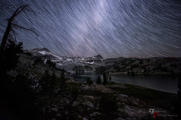 Star trails over Glacier Lake taken in the Eagle Cap Wilderness. Wallowa–Whitman National Forest, Oregon